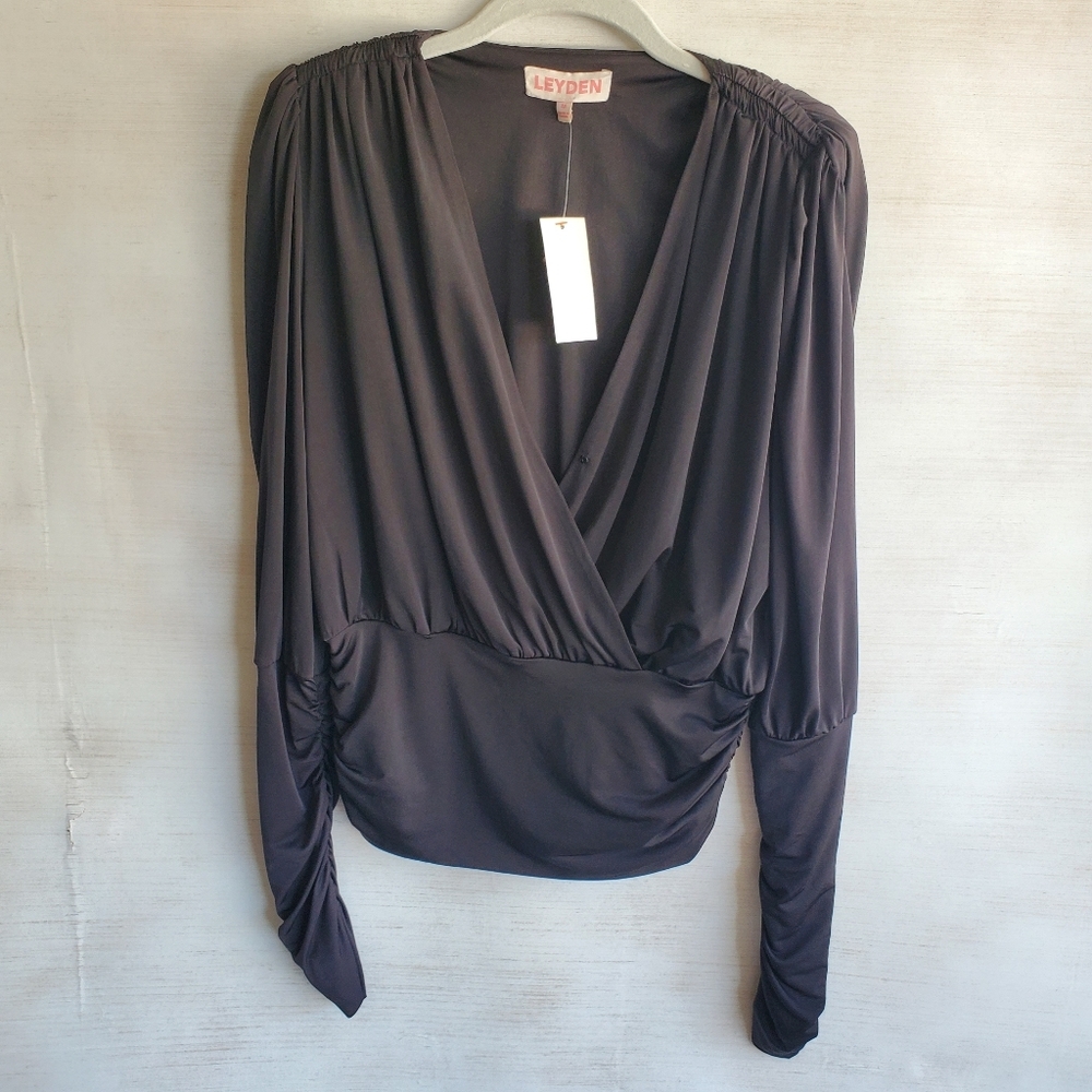 NWT LEYDEN Black Long Sleeve V Neck Blouse - Picture 2 of 4